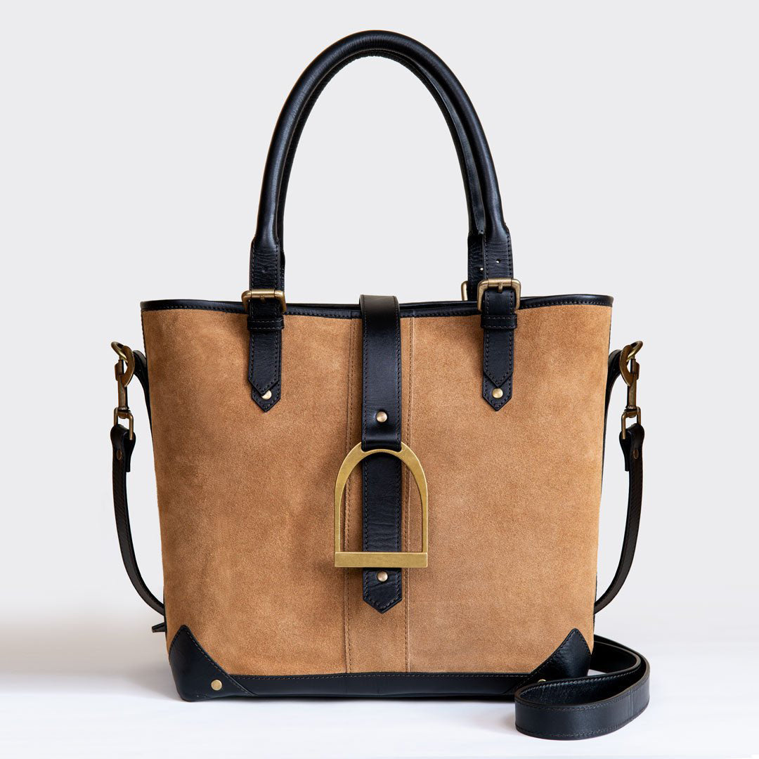 Urban Equestrian  Signature - Riding Stirrup Tote Luxury Leather Handbag in Black on Chestnut