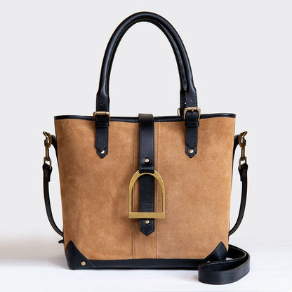 Urban Equestrian  Signature - Riding Stirrup Tote Luxury Leather Handbag in Black on Chestnut