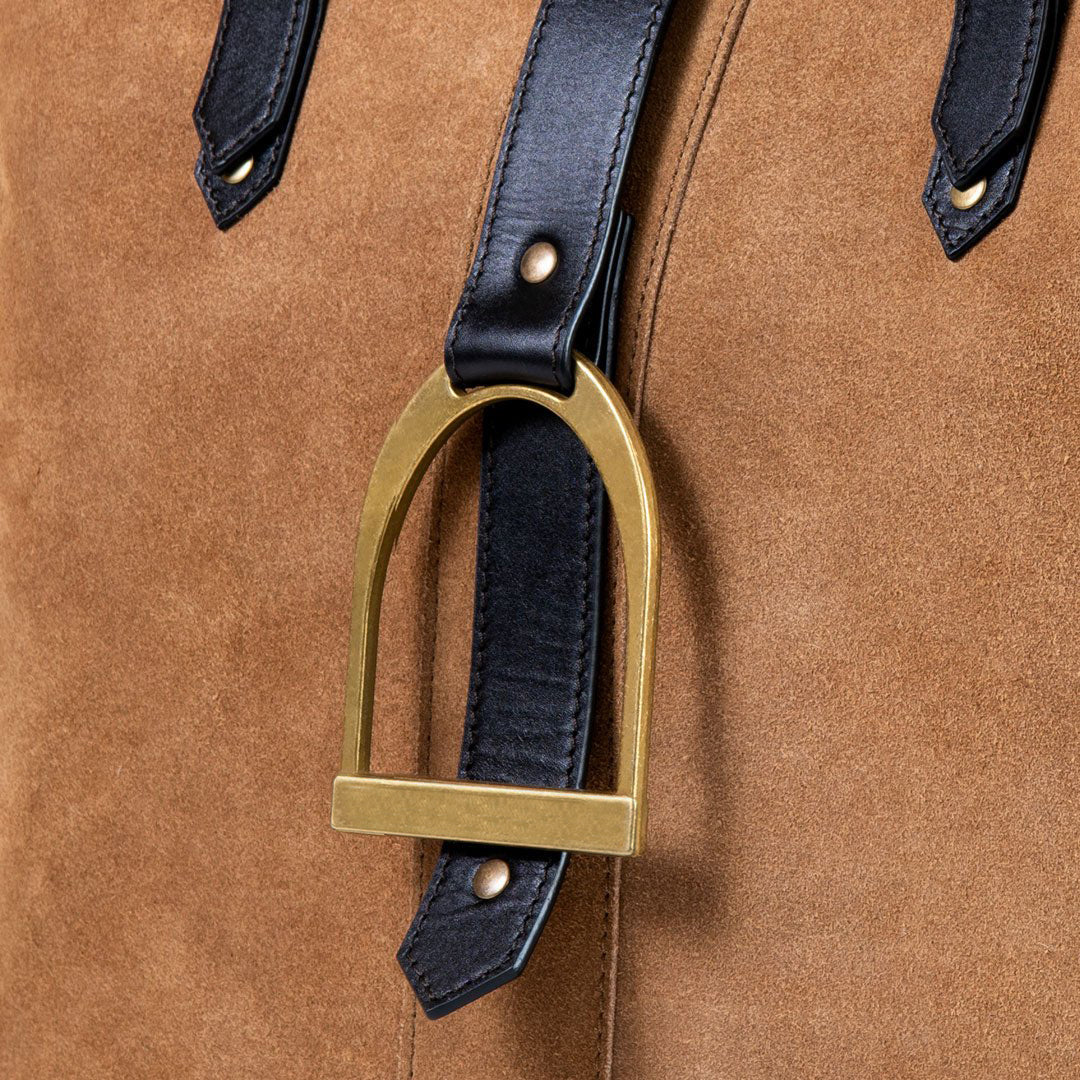 Urban Equestrian  Signature - Riding Stirrup Tote Luxury Leather Handbag in Black on Chestnut