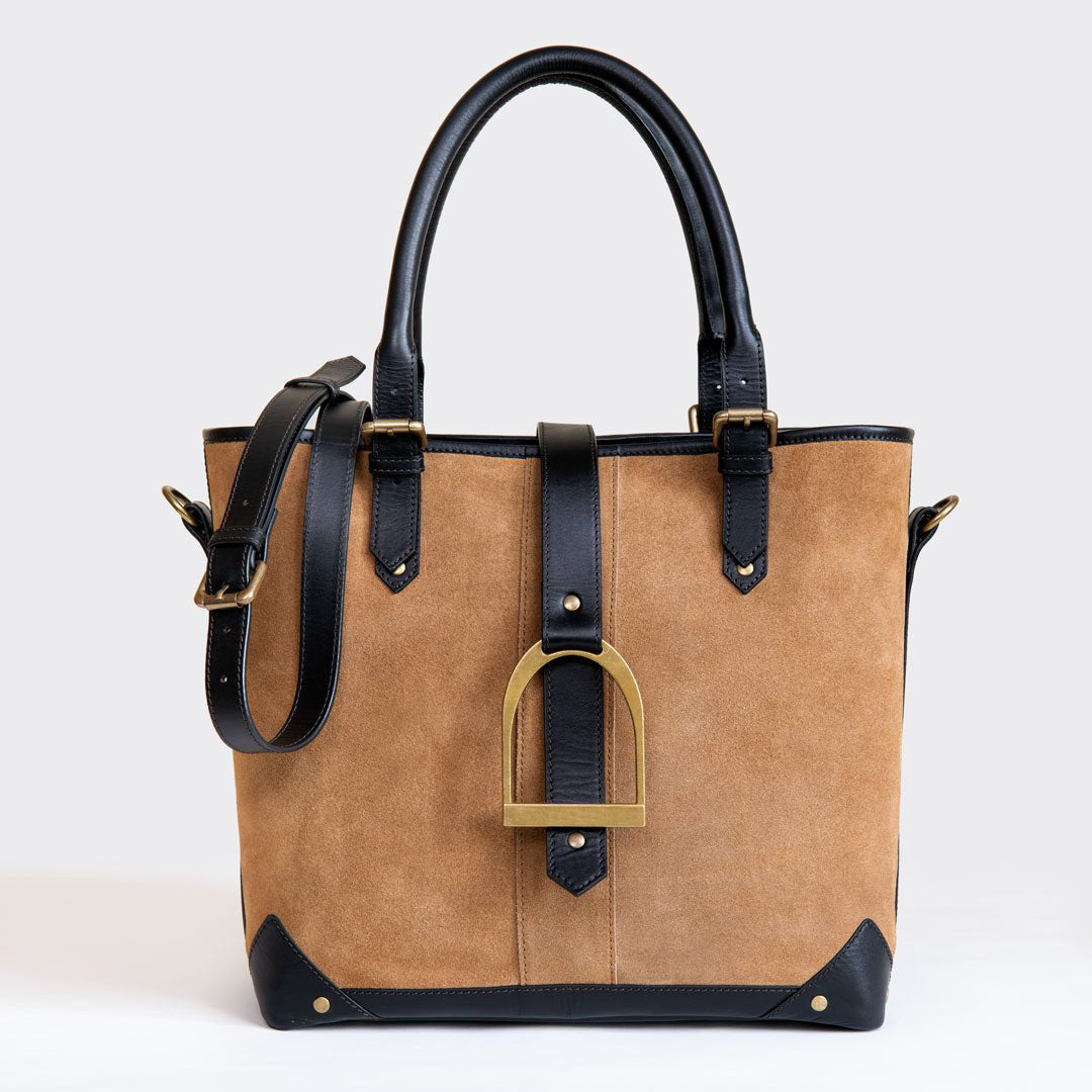 Urban Equestrian  Signature - Riding Stirrup Tote Luxury Leather Handbag in Black on Chestnut