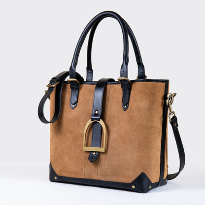 Urban Equestrian  Signature - Riding Stirrup Tote Luxury Leather Handbag in Black on Chestnut
