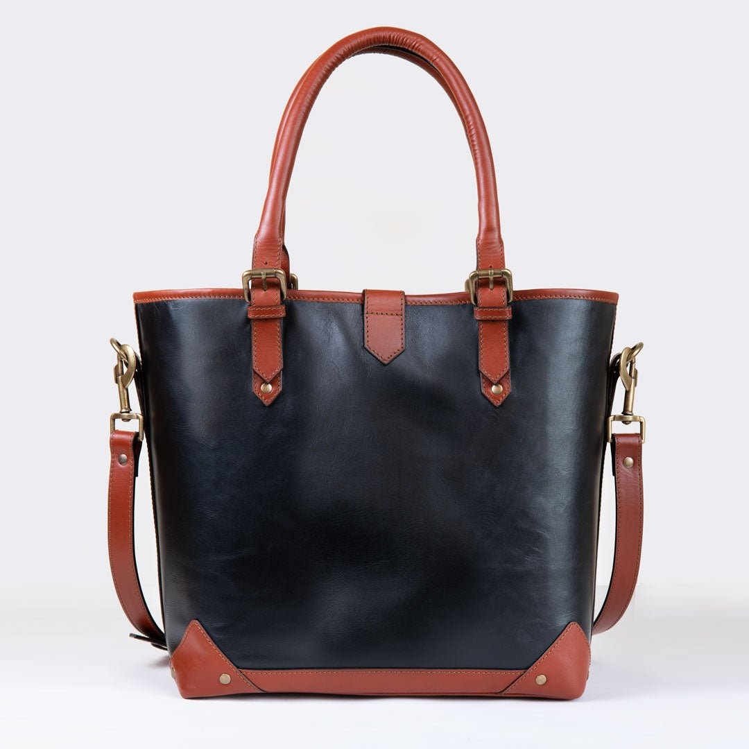 Urban Equestrian  Signature - Riding Stirrup Tote Luxury Leather Handbag in Cognac on Black