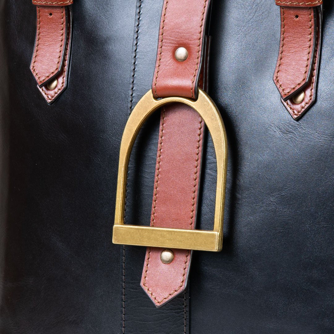 Urban Equestrian  Signature - Riding Stirrup Tote Luxury Leather Handbag in Cognac on Black