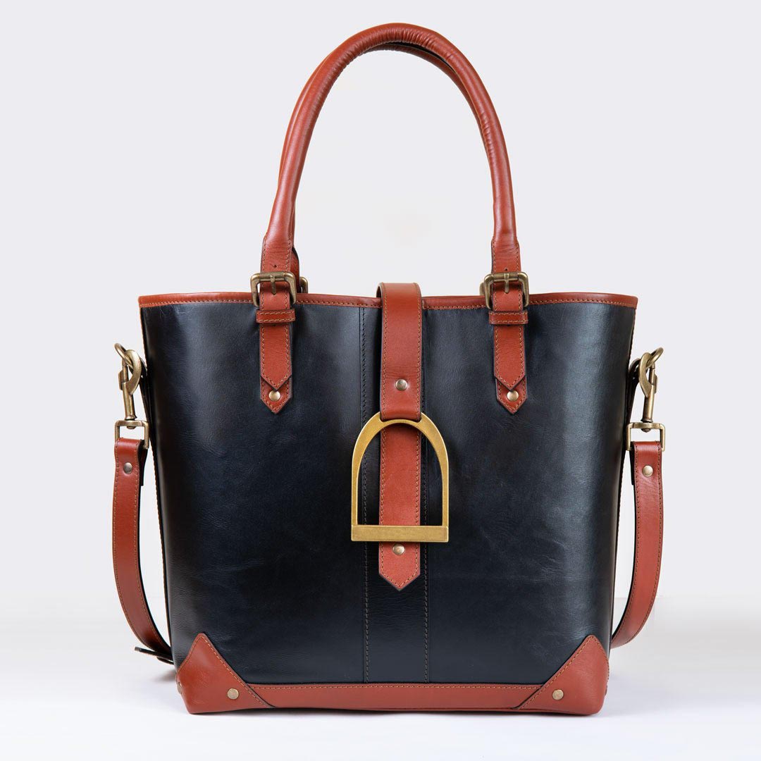 Urban Equestrian  Signature - Riding Stirrup Tote Luxury Leather Handbag in Cognac on Black