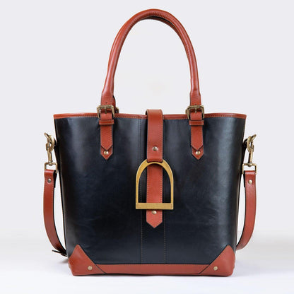 Urban Equestrian  Signature - Riding Stirrup Tote Luxury Leather Handbag in Cognac on Black