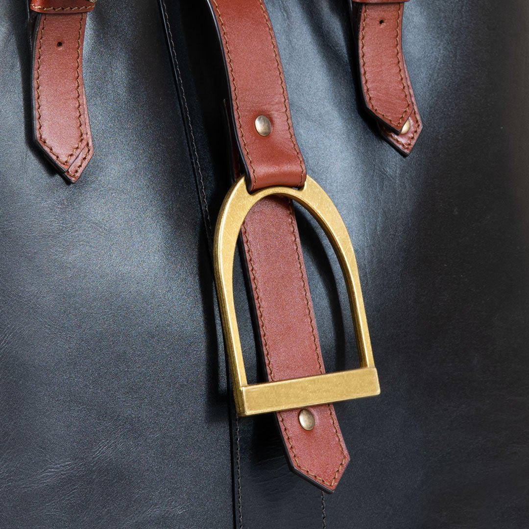 Urban Equestrian  Signature - Riding Stirrup Tote Luxury Leather Handbag in Cognac on Black