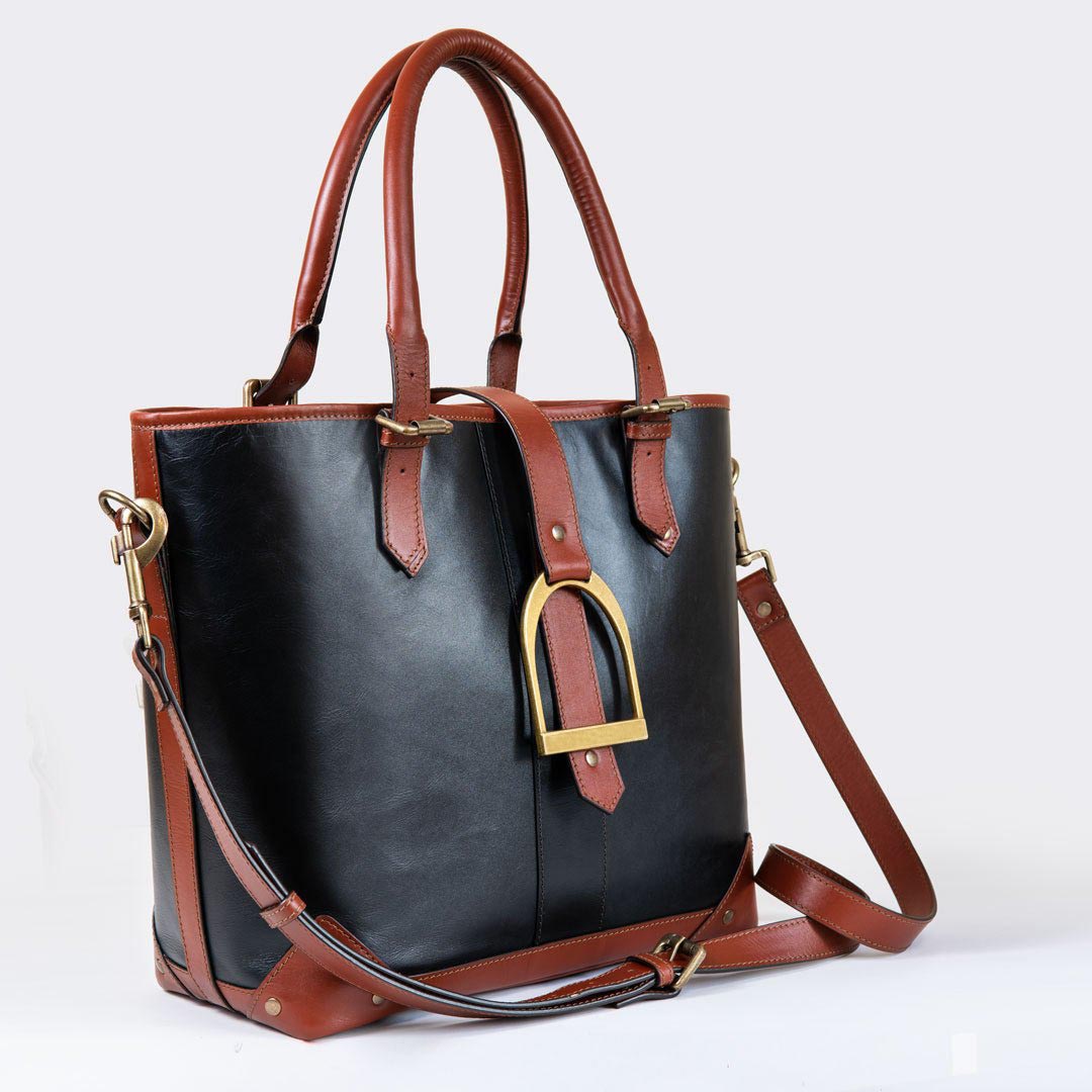 Urban Equestrian  Signature - Riding Stirrup Tote Luxury Leather Handbag in Cognac on Black