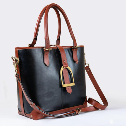 Urban Equestrian  Signature - Riding Stirrup Tote Luxury Leather Handbag in Cognac on Black