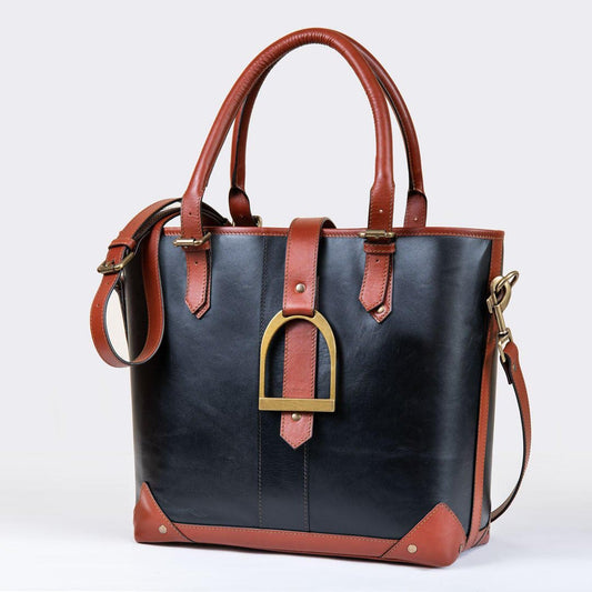 Urban Equestrian  Signature - Riding Stirrup Tote Luxury Leather Handbag in Cognac on Black