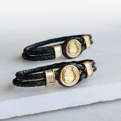 Urban Equestrian  Colton - Horseshoe Dome Braided Equestrian Bracelet Gold or Silver on Black