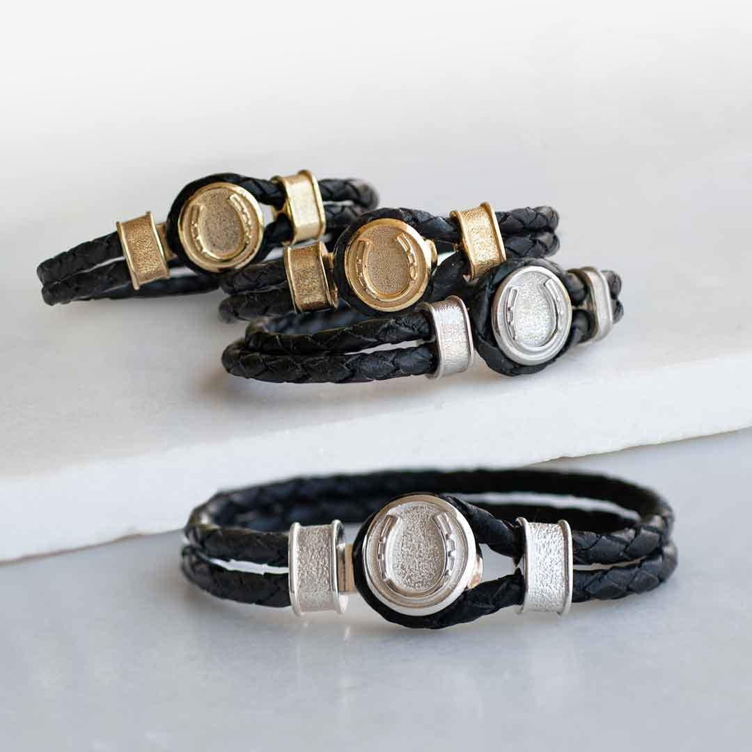 Urban Equestrian  Colton - Horseshoe Dome Braided Equestrian Bracelet Gold or Silver on Black