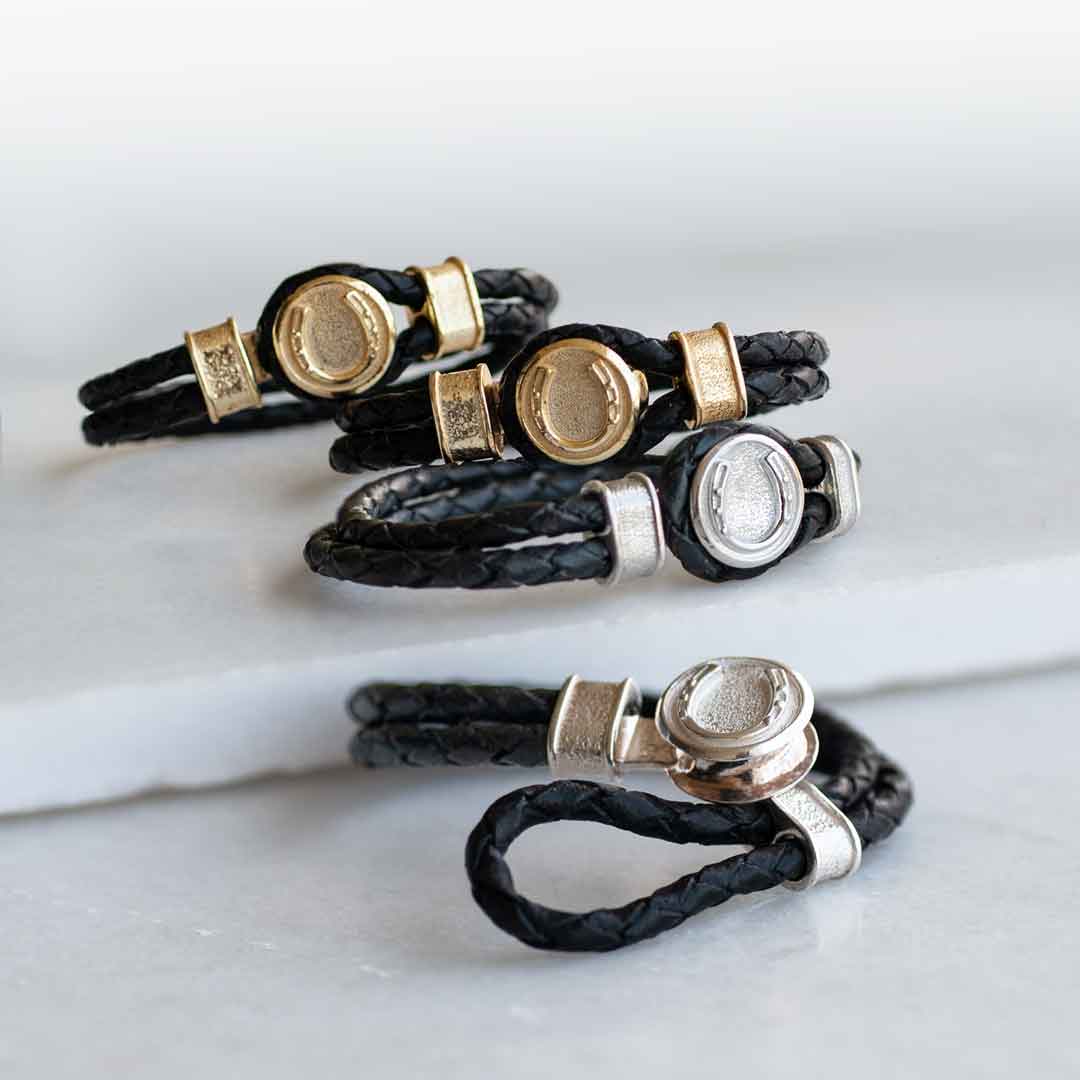 Urban Equestrian  Colton - Horseshoe Dome Braided Equestrian Bracelet Gold or Silver on Black