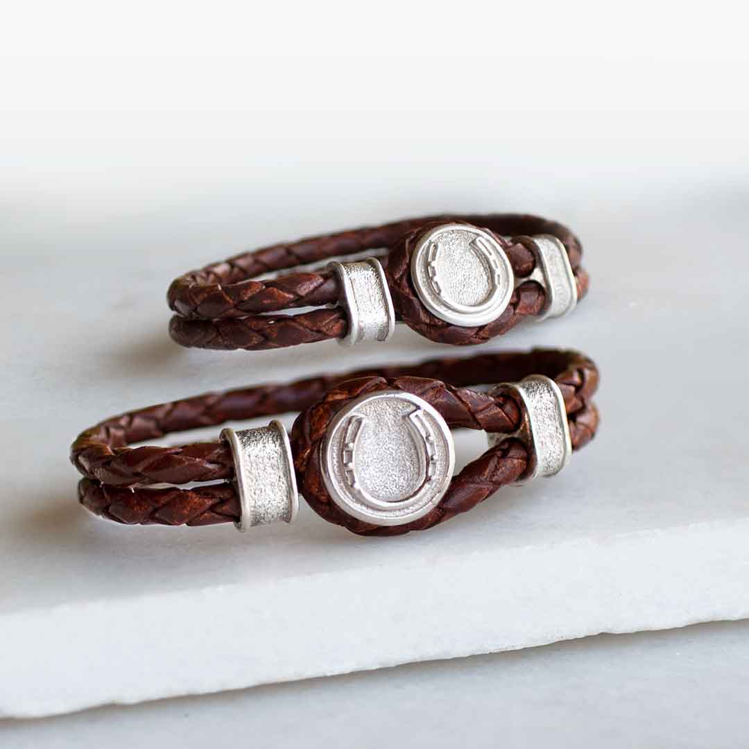 Urban Equestrian  Colton - Horseshoe Dome Braided Equestrian Bracelet Gold or Silver on Brown