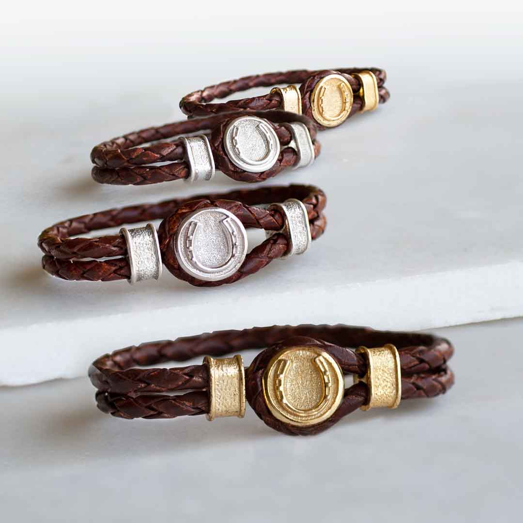 Urban Equestrian  Colton - Horseshoe Dome Braided Equestrian Bracelet Gold or Silver on Brown