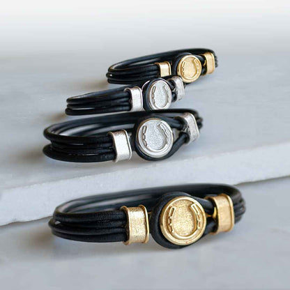 Urban Equestrian  Colton - Horseshoe Dome Lace Equestrian Bracelet Gold or Silver on Black