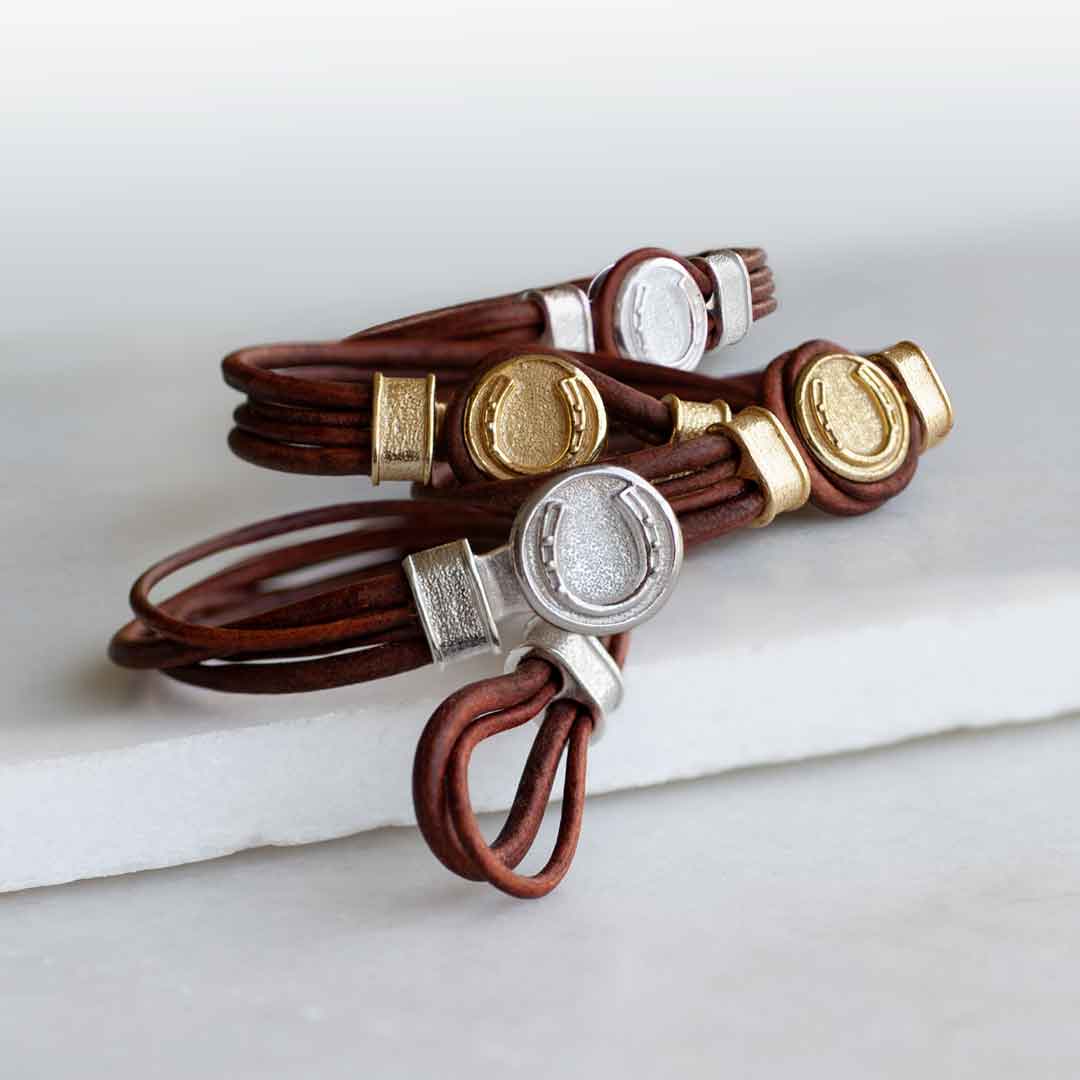 Urban Equestrian  Colton - Horseshoe Dome Laced Equestrian Bracelet Gold or Silver on Brown