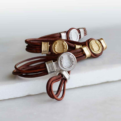 Urban Equestrian  Colton - Horseshoe Dome Laced Equestrian Bracelet Gold or Silver on Brown