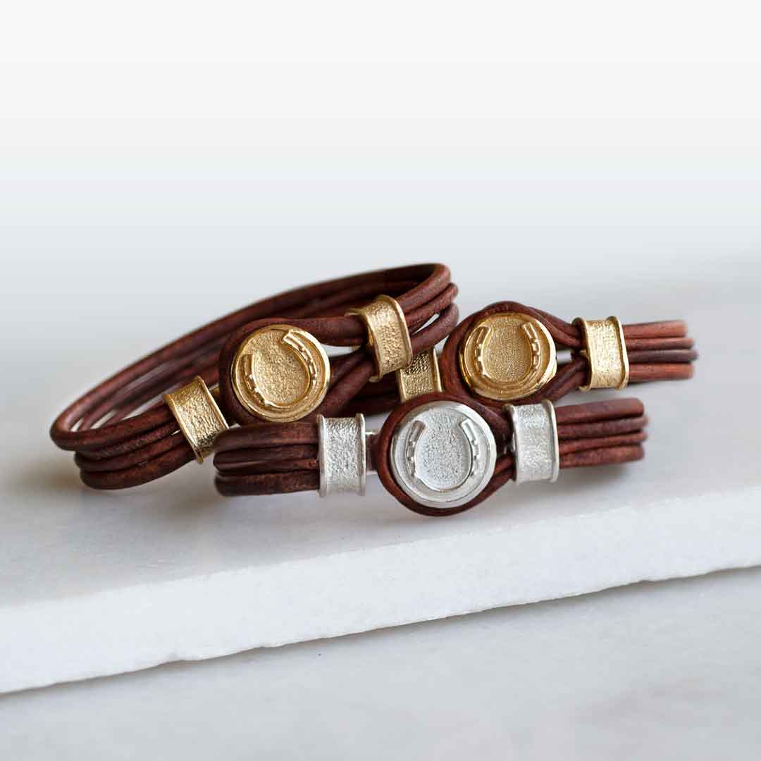 Urban Equestrian  Colton - Horseshoe Dome Laced Equestrian Bracelet Gold or Silver on Brown