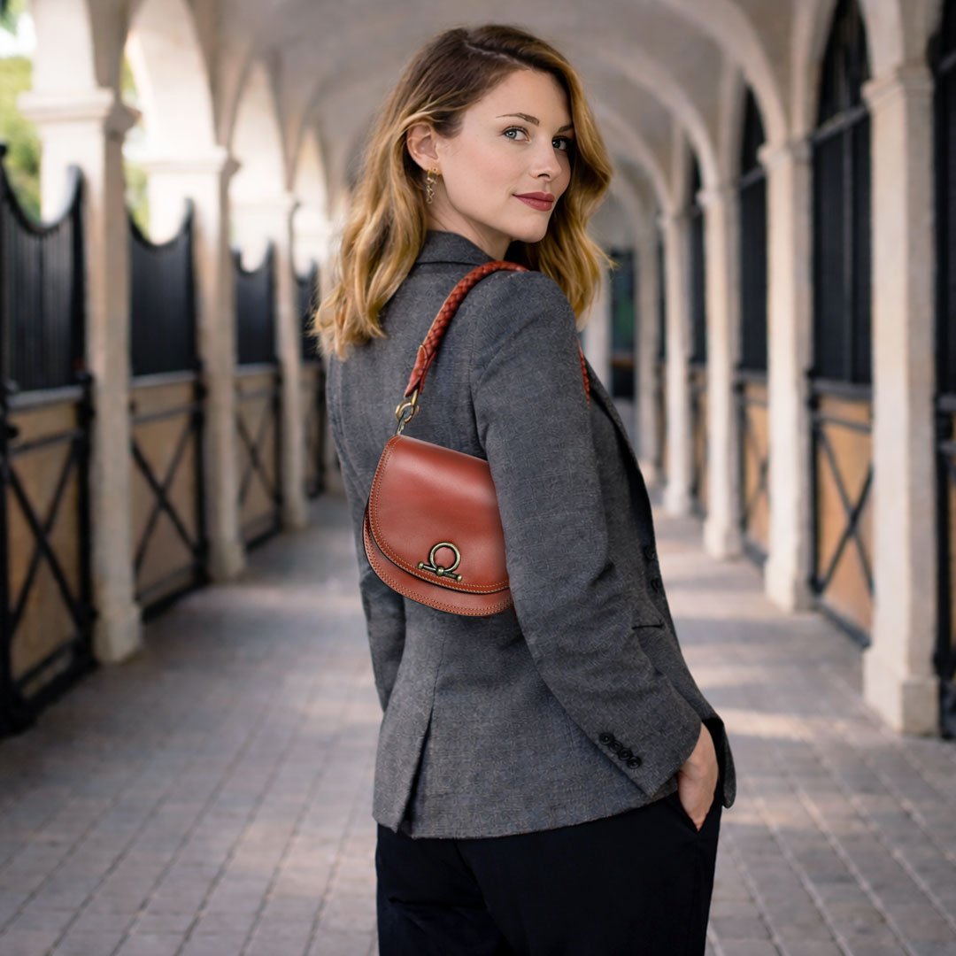 Urban Equestrian  Coronado- Horse Bit Lock Luxury Leather Crossbody Handbag in Cognac