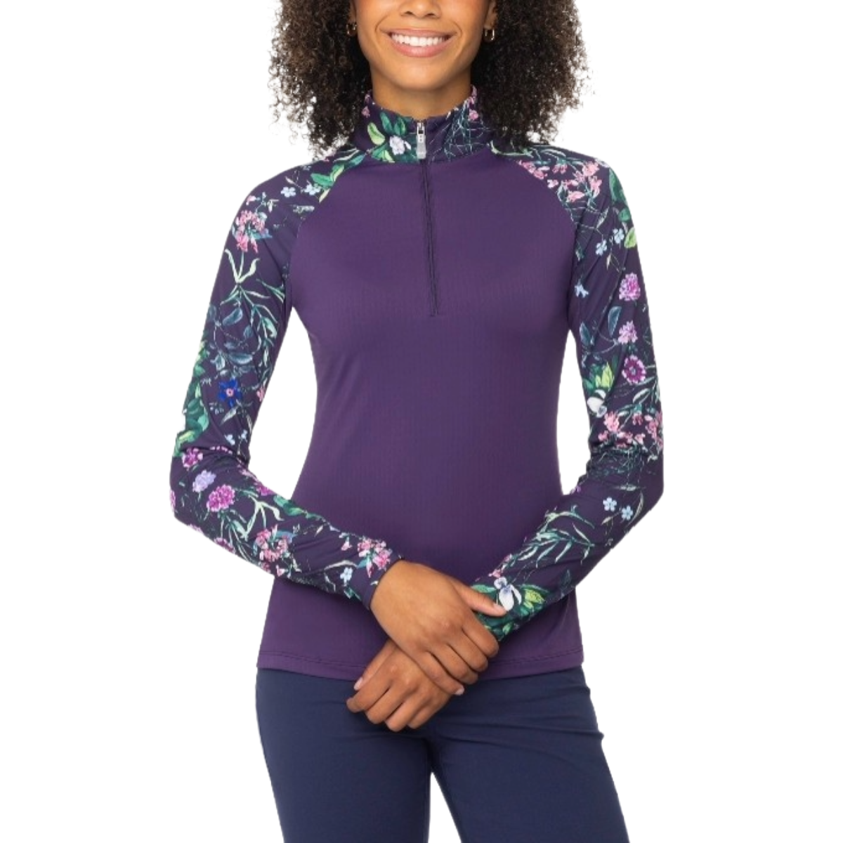 Women's 1/4 Zip Raglan Long Sleeve Shirt - Violet Botanical Garden - Front View