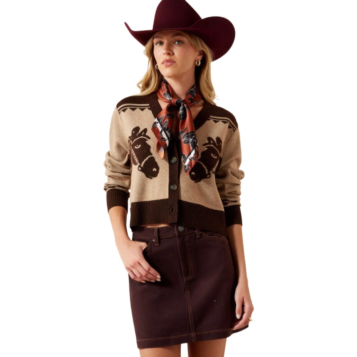 Ariat Women's Colter Cardigan model view in tigers eye/chicory