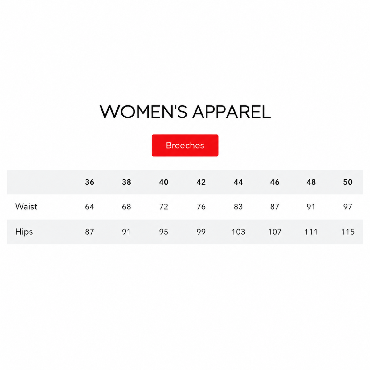 Ego7 Women's Dressage CA Breeches Size Chart