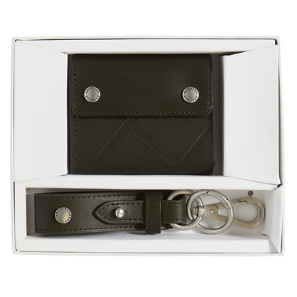 Barbour Brunton Leather Wallet & Key Fob Gift Set, dark olive, front view