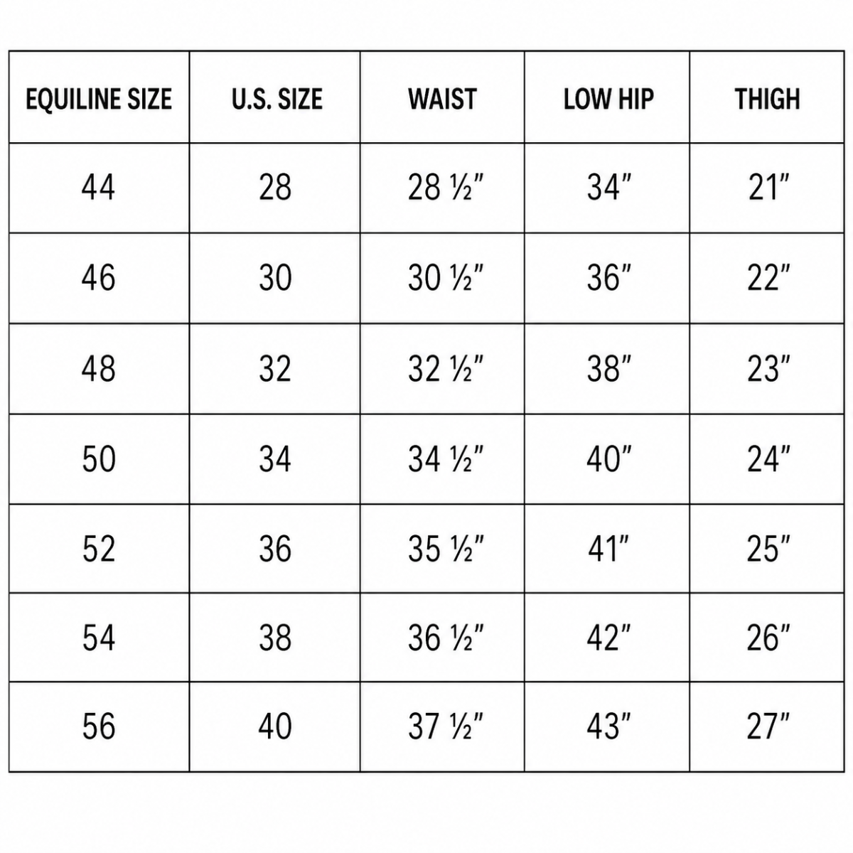 Equiline Men's Grafton B-Move Knee Grip Breeches Size Chart