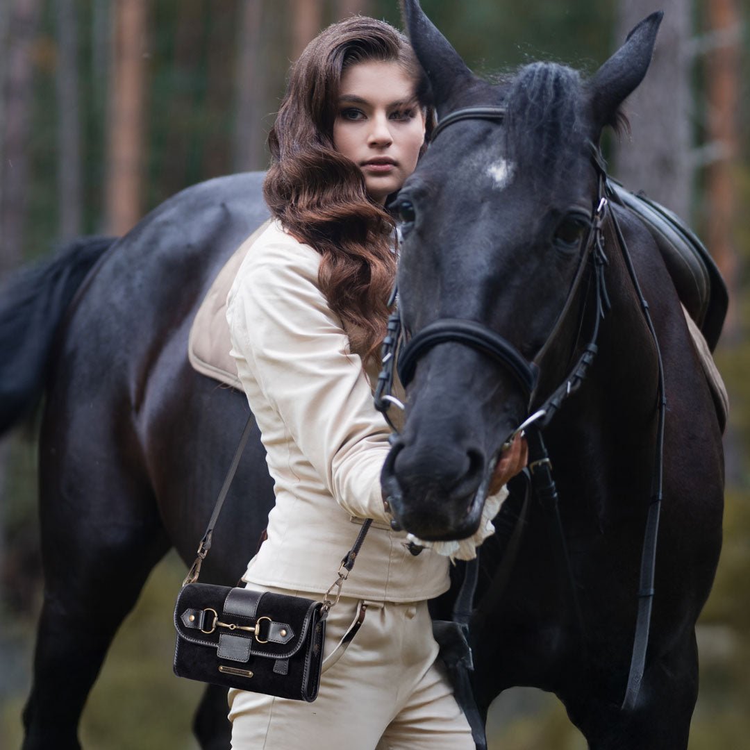 Urban Equestrian  Dalton - Horse Bit Crossbody Luxury Leather Handbag in Black on Black