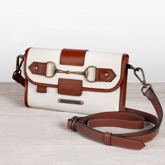 Urban Equestrian  Dalton - Horse Bit Crossbody Luxury Leather Handbag in Cognac on Ivory