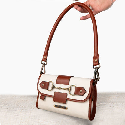 Urban Equestrian  Dalton - Horse Bit Crossbody Luxury Leather Handbag in Cognac on Ivory