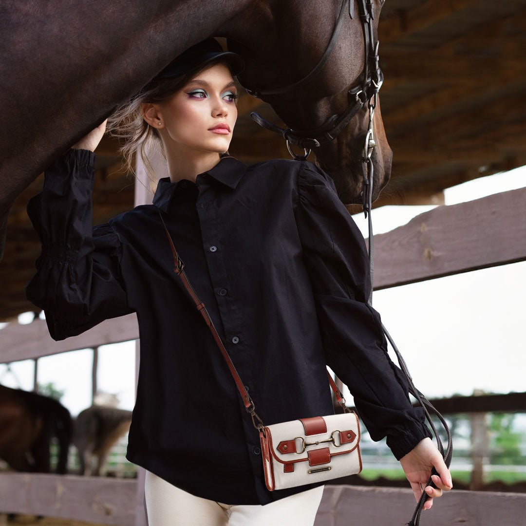 Urban Equestrian  Dalton - Horse Bit Crossbody Luxury Leather Handbag in Cognac on Ivory