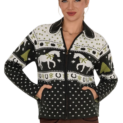 Dapplebay Womens Gift Horse Sweater Model forward facing green