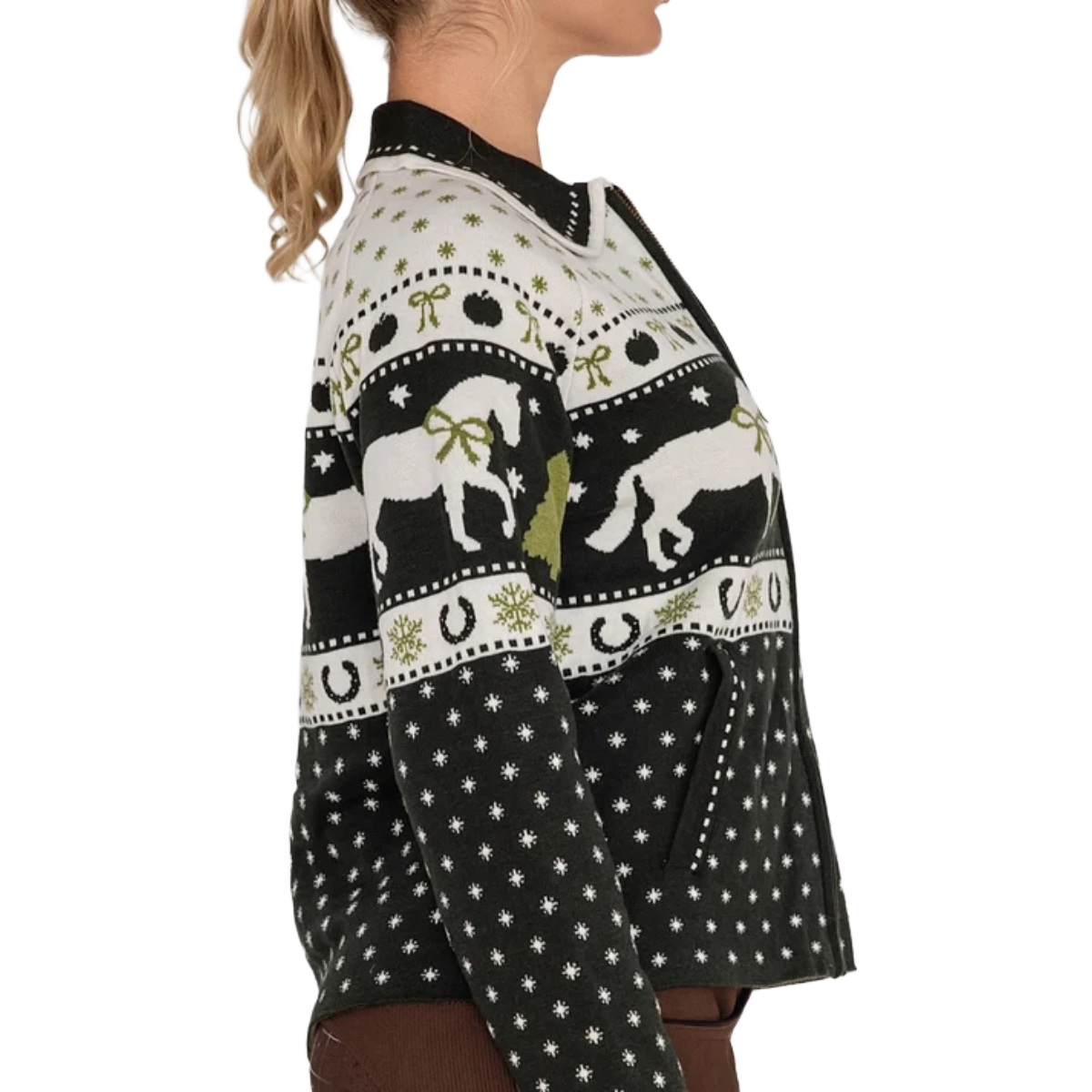 Dapplebay Womens Gift Horse Sweater Model side facing green