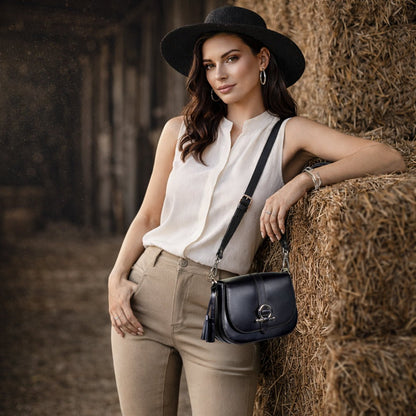 Urban Equestrian  Del Rey - Equestrian Horse Bit Crossbody Luxury Leather Handbag in Black