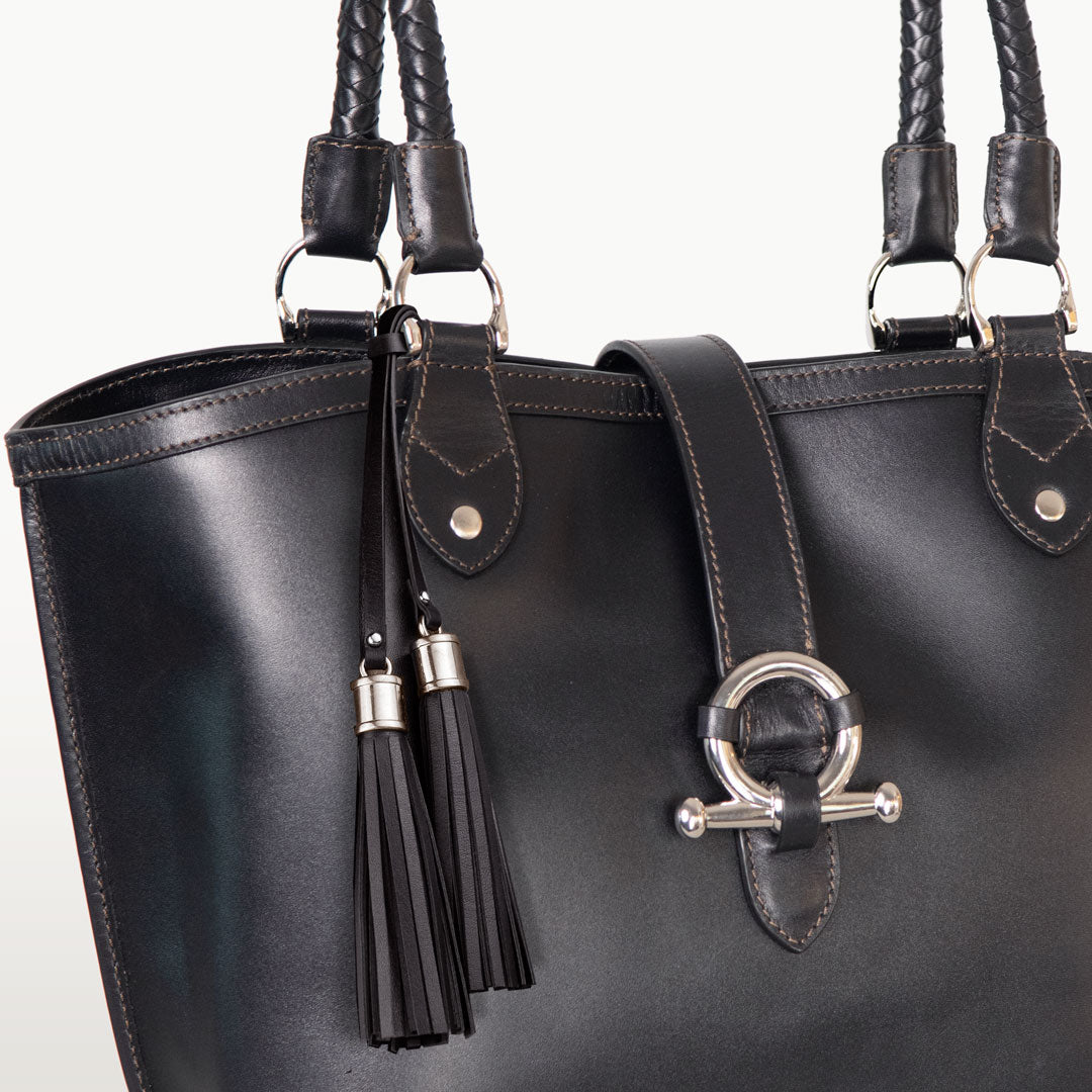 Urban Equestrian  Del Rey -Horse Bit Tote Luxury Leather Handbag in Black