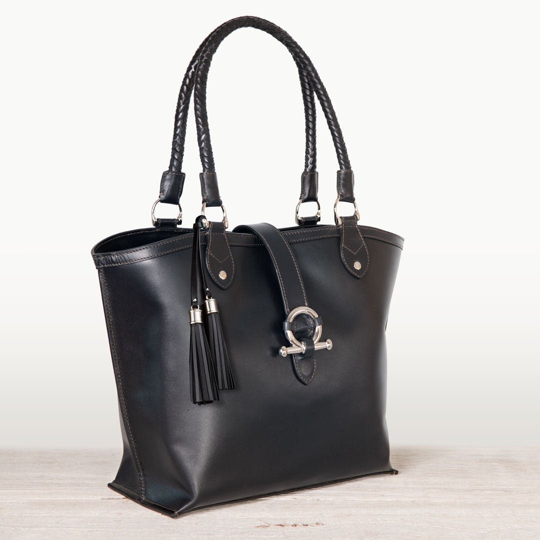 Urban Equestrian  Del Rey -Horse Bit Tote Luxury Leather Handbag in Black