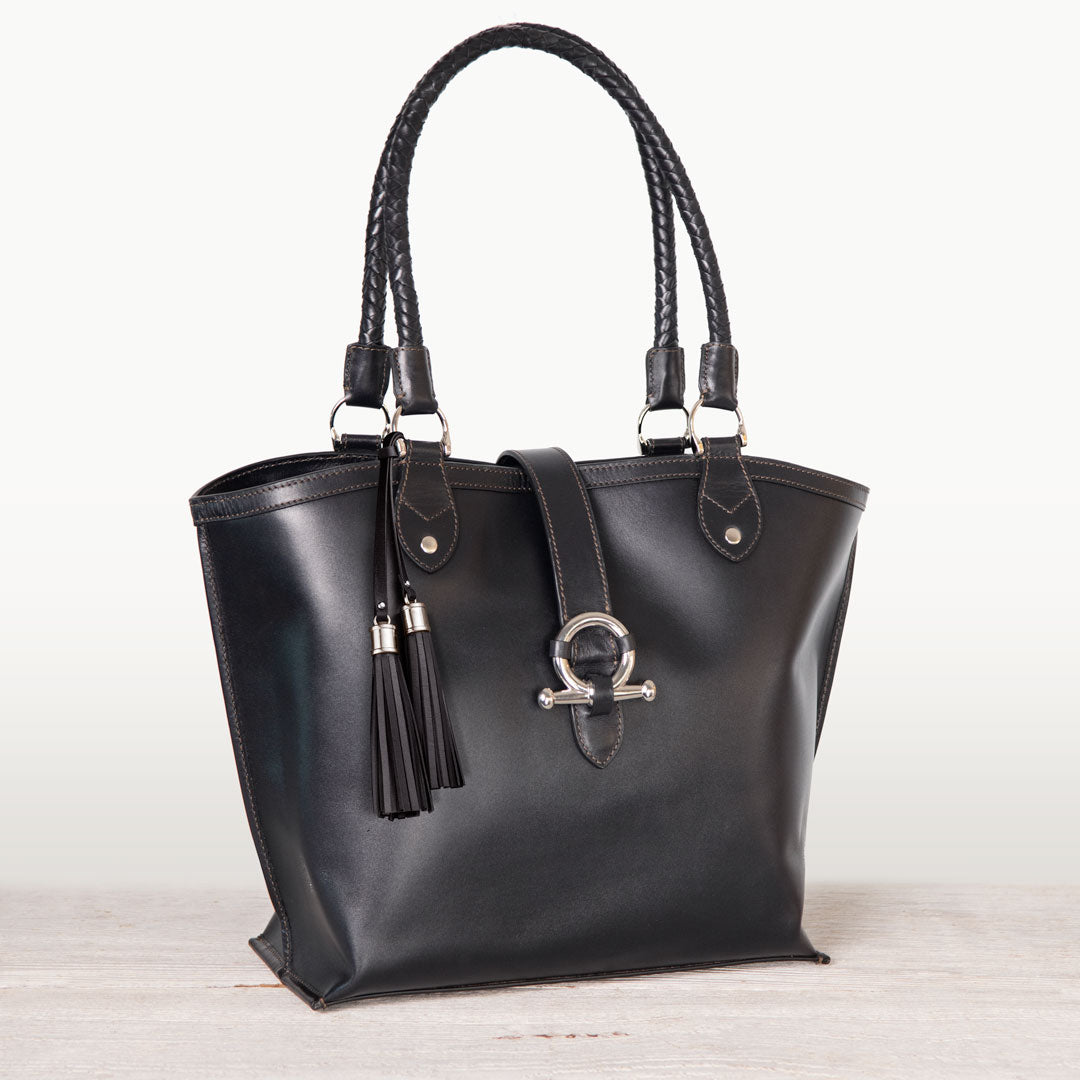 Urban Equestrian  Del Rey -Horse Bit Tote Luxury Leather Handbag in Black