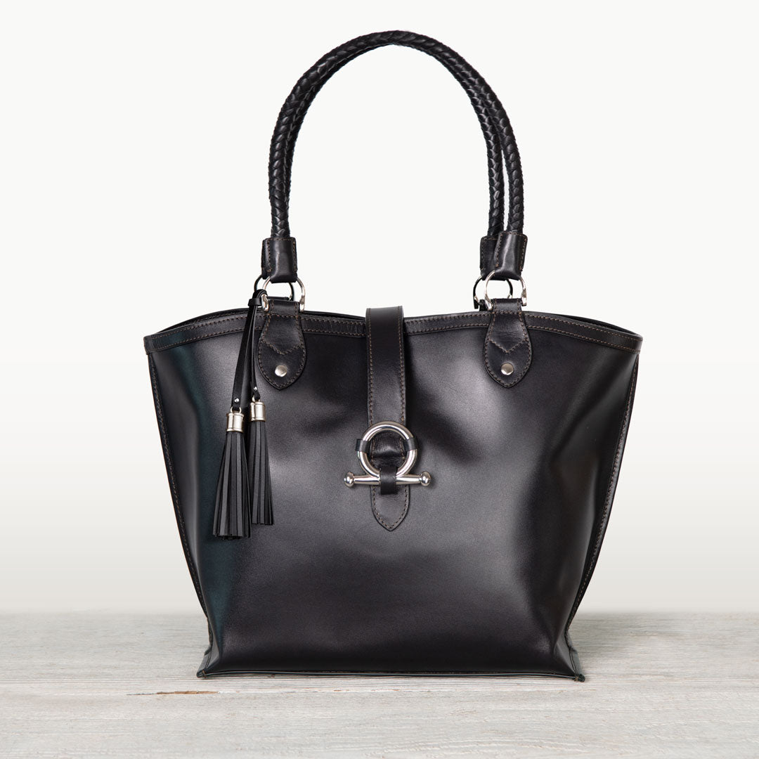 Urban Equestrian  Del Rey -Horse Bit Tote Luxury Leather Handbag in Black