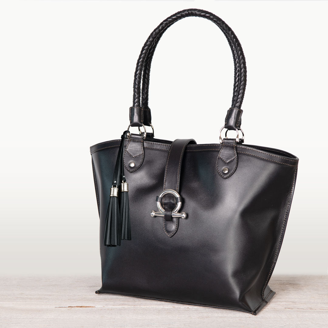 Urban Equestrian  Del Rey -Horse Bit Tote Luxury Leather Handbag in Black