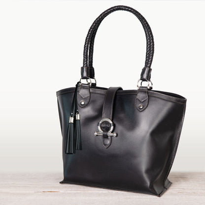 Urban Equestrian  Del Rey -Horse Bit Tote Luxury Leather Handbag in Black