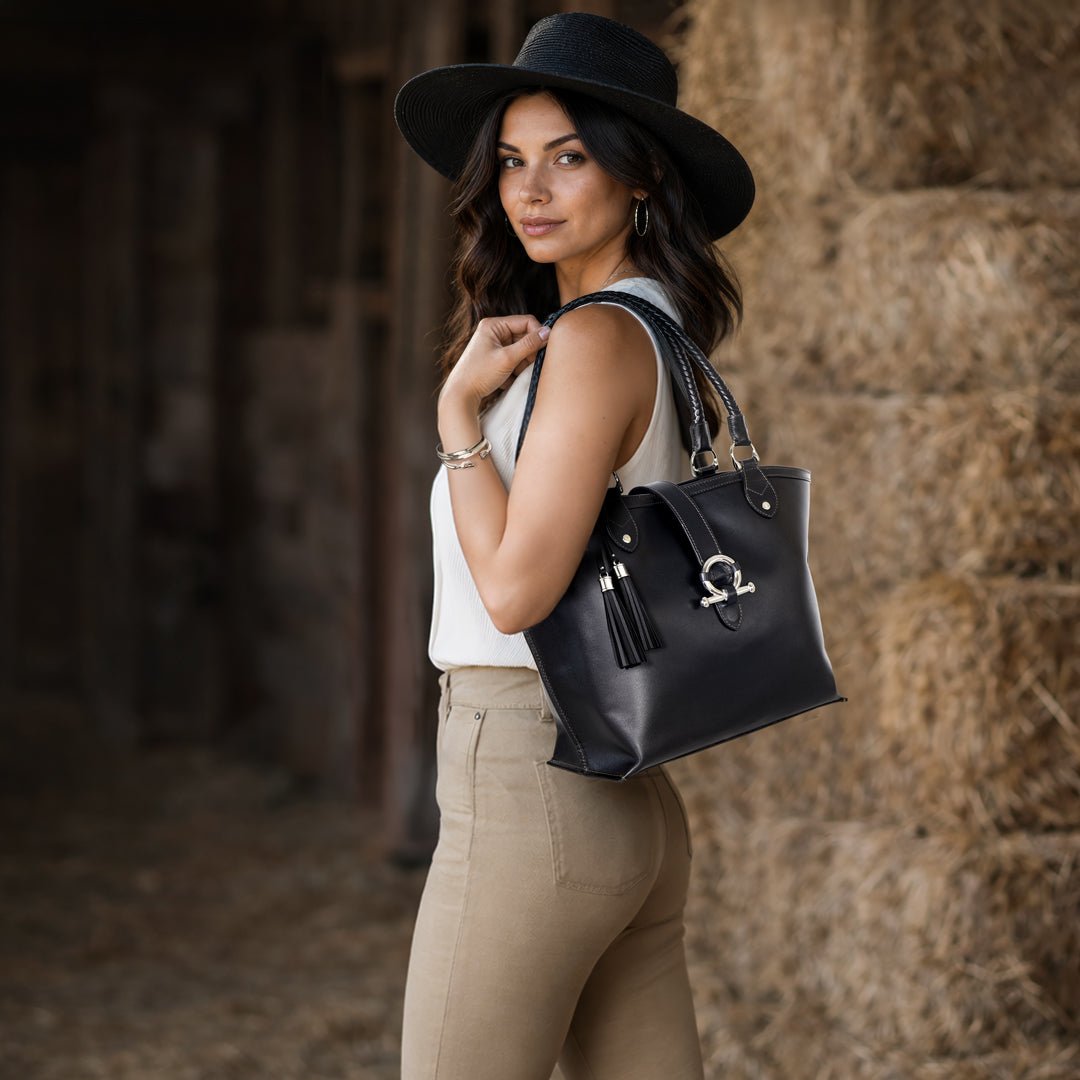 Urban Equestrian  Del Rey -Horse Bit Tote Luxury Leather Handbag in Black