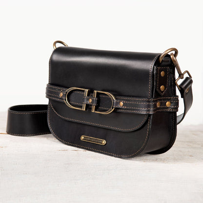 Urban Equestrian  Delaney - Equestrian Stirrup Crossbody Luxury Leather Handbag in Black