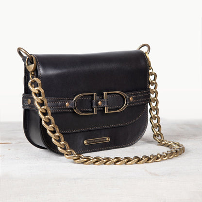 Urban Equestrian  Delaney - Equestrian Stirrup Crossbody Luxury Leather Handbag in Black