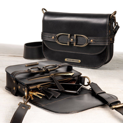 Urban Equestrian  Delaney - Equestrian Stirrup Crossbody Luxury Leather Handbag in Black