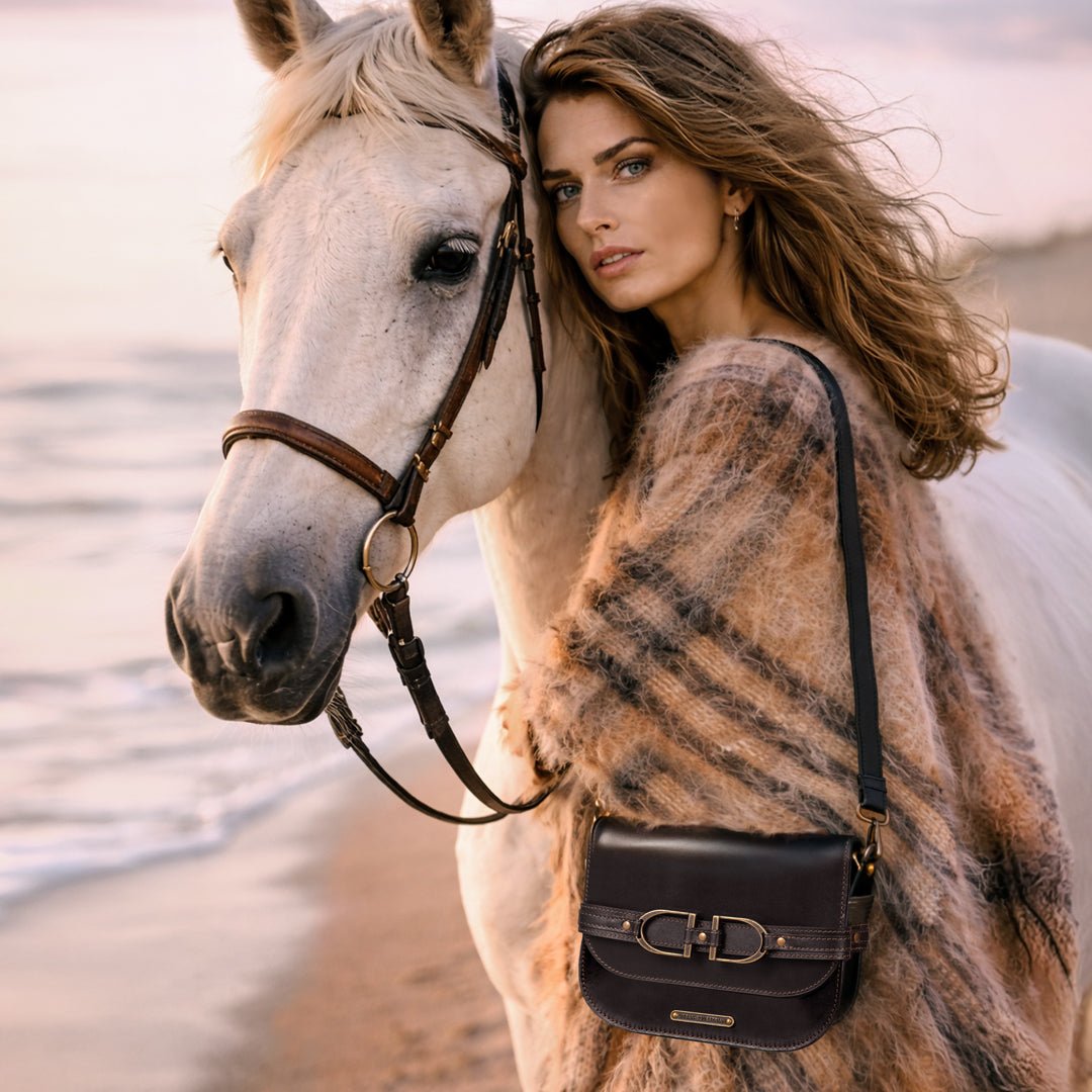 Urban Equestrian  Delaney - Equestrian Stirrup Crossbody Luxury Leather Handbag in Black