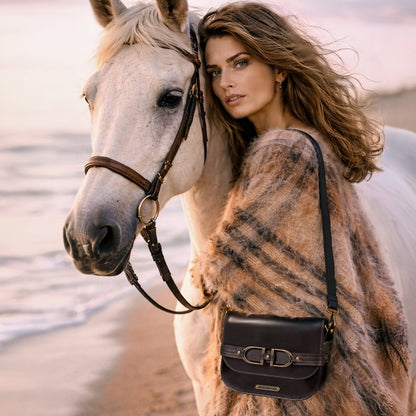 Urban Equestrian  Delaney - Equestrian Stirrup Crossbody Luxury Leather Handbag in Black