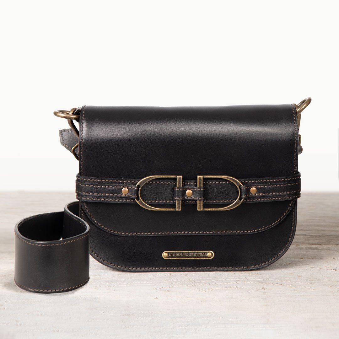 Urban Equestrian  Delaney - Equestrian Stirrup Crossbody Luxury Leather Handbag in Black