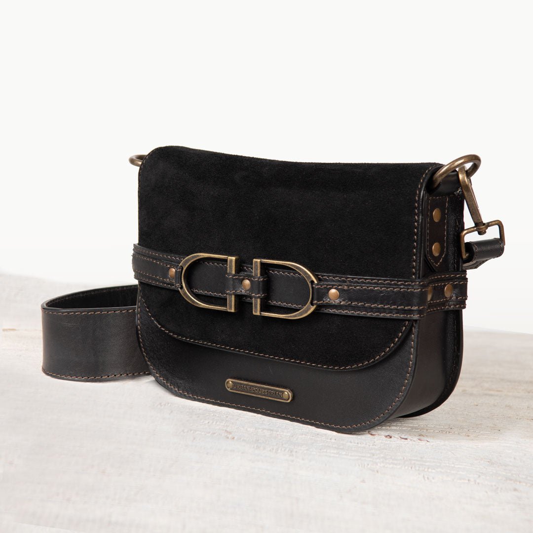 Urban Equestrian  Delaney - Equestrian Stirrup Crossbody Luxury Leather Handbag in Black on Black