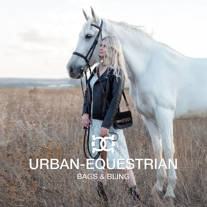 Urban Equestrian  Delaney - Equestrian Stirrup Crossbody Luxury Leather Handbag in Black on Black